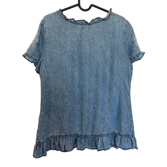 Sundance Fleur De Sel Top Embroidered Floral Lyocell Chambray Ruffle Size Small - Picture 3 of 6